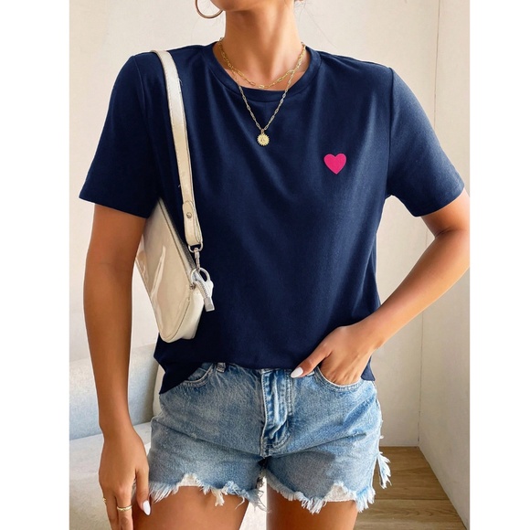 Navy Blue Crew Neck Tee Shirt Embroidered Pink Heart - Picture 4 of 6